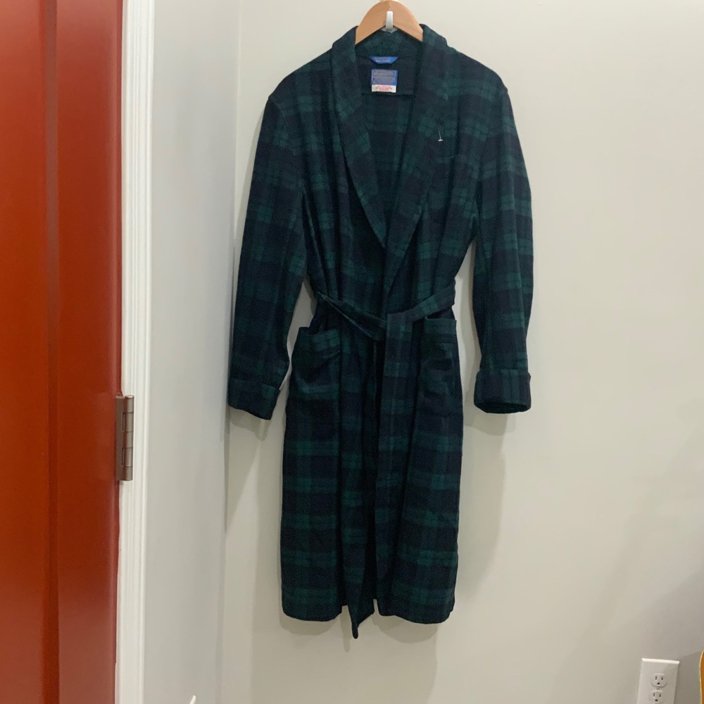 Pendleton Mens Black Watch Tartan Wool Robe Large Plaid Shawl Collar USA Made